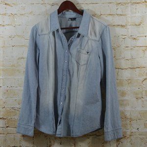 Guess Pin Striped Faded Chambray Pearl Snap Shirt